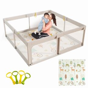 Mloong Baby Playpen with Mat, 59x59 Inches Extra Large Playpen for Babies and Toddlers, Indoor & Outdoor Activity Center, Safety Baby Fence with Gate