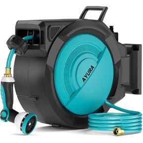 AYURA Retractable Garden Hose Reel, 1/2 inch x 100 ft Water Hose Reel Wall Mounted, UV Resistant Double Shell, Any Length Lock, Slow Auto-Rewind, 180°Swivel Bracket, 10 Pattern Nozzle