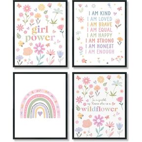 ULEGIE Toddler Affirmations Decor, Yellow Pink Purple Girls Affirmation Wall Art Decor Set of 4 Posters & Prints, Pastel Boho Rainbow Floral Girls Room Nursery Wall Decoration, 8x10 Inch Unframed