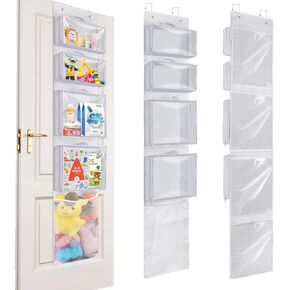 Over Door Organizer and Storage, Toy Hanging Container Holder with 4 Removable Clear Bins, Nursery Closet Cabinet Baby Room Wall Stuffed Animal Bag Case for Bathroom, Bedroom and Pantry