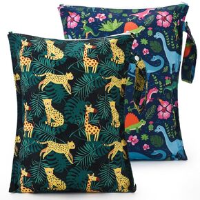 2pcs Cloth Diaper Mess-proof Wet Bags,Waterproof Reusabel Travel Storage Stroller Daycare Soiled Baby Items Beach Pool Yoga Gym Bag for Wet Toddler Swimsuits-Leopard,Dinosaur