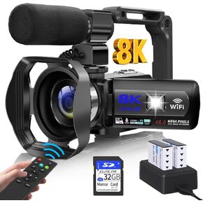 Video Camera, 8K Camcorder 48MP Vlogging Camera for YouTube 18X Digital Zoom 3" Touch Screen with WiFi, External Mic, Fill Light, Remote Control, 32GB SD Card & 2 Batteries