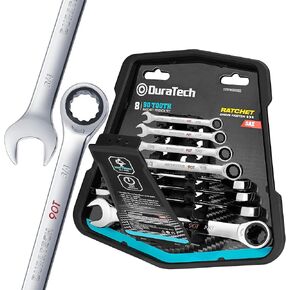 DURATECH 90-Tooth Ratcheting Wrench Set, Combination Wrench Set, 8-Piece, Metric, 8, 10, 12, 13, 14, 15, 17, 19mm, CR-V Steel, Organized in Wrench Rack