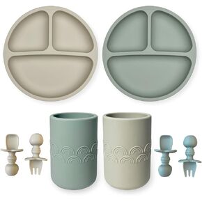 Hippypotamus Silicone Baby Feeding Set - Suction Toddler Plates, Weighted Toddler Cups & Baby-Safe Utensils - 100% Pure Food Grade Silicone - Set of 2 (Sage/Sand)