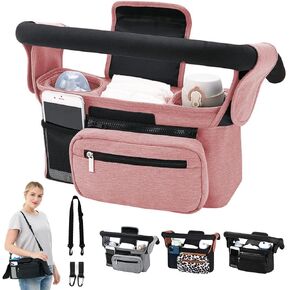 Baby Stroller Organizer, Universal Stroller Organizer with Detachable Phone Bag, Stroller Caddy with 2 Insulated Cup Holders, Buggy Organizer Bag with 2 Hooks Fits Most Strollers (Leopard)