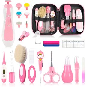 Baby Healthcare and Grooming Kit, Baby Safety Set Newborn Nursery Health Care Set with Hair Brush Scale Measuring Spoon Nail Clippers for Baby Girls Boys (24pcs, Pink) (24PCS Pink)