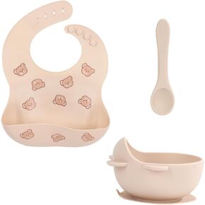 Baby Bowl with Suction, Baby Silicone Bib and Feeding Spoon, Baby Weaning Supplies - Complete Meal Kit for 6+ Months