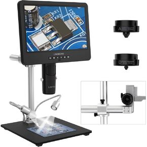 LM249MS 3 Lens 10.1" HDMI Digital Microscope 2000X Soldering Microscope Camera for Electronic Repair, 13" Boom Arm Stand, UHD 2160P Video Coin Microscope Full View Coins, 32GB, Windows