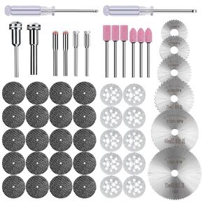 50Pcs Cutting Wheel Set for Rotary Tools, 6Pcs HSS Circular Saw Blades, 10Pcs Diamond Cutting Wheels, 20Pcs Resin Cutting Discs, 6Pcs Grinding Wheels with Mandrels and 2Pcs Screwdrivers