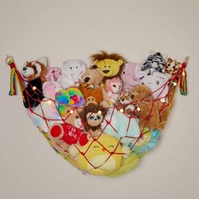 Stuffed Animal Storage Macrame Hammock w/String Lights for Flat Walls, Large - Boho Room Decor Toy Storage - Hanging Plushie Stuffed Animal Net Organizer (White)