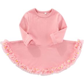 Qiylii Toddler Baby Girls Solid Color A-line Tutu Dress Long Sleeve Cotton Playwear Dresses Fall Winter Outfits