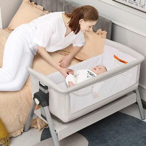 INFANS Baby Bassinet Bedside Crib, Newborn Sleeper w/Large Storage Basket, Adjustable Heights, Detachable &Washable Mattress, Breathable Mesh, Straps, Easy Moving Bed Side (Dark Grey)