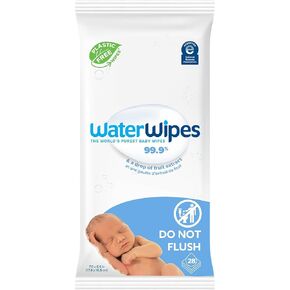 WaterWipes Plastic-Free Original Baby Wipes, 99.9% Water Based Wipes, Unscented & Hypoallergenic for Sensitive Skin, 28 Count (Pack of 1), Packaging May Vary