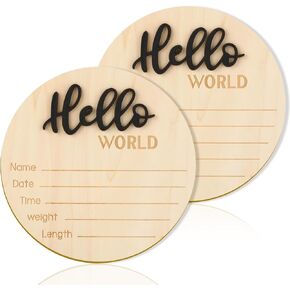 2 Pcs Baby Announcement Sign，5.9 Inch Wooden Hello World Newborn Signs for Newborn Boys and Girls Photo Props Baby Shower Hospital Nursery