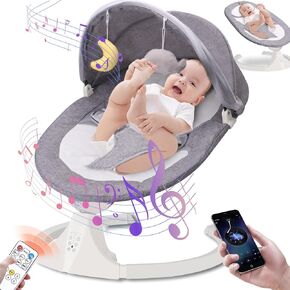 Electric Baby Swings for Infants Baby Bouncer Newborn Portable Bluetooth Swing for Baby (0-12 Month) with 5 Swing Speed 10 Lullabies,Plug in Infant Swing for Indoor and Outdoor Use Grey
