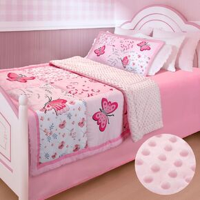 Peryiter Toddler Bedding Sets for Girls 4 Pcs Pink Ultra Soft Toddler Crib Bed Sets Includes Comforter Fitted Sheet Flat Sheet and Reversible Pillowcase for Girls Boys(Butterfly)