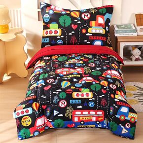 Wowelife Cars Toddler Bedding Set for Boys 4 Piece Toddler Bed Comforter Set Black Toddler Bed Kids Comforter Sets with Comforter, Flat Sheet, Fitted Sheet and Pillowcase