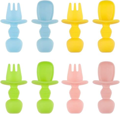 Baby Utensils Set, 8 Pack Silicone Baby Spoons and Forks Baby First Stage Self Feeding Utensils, Baby Led Weaning Utensils Toddler for Age 6+ Months- Pink, Green, Blue, Yellow in Saudi Arabia