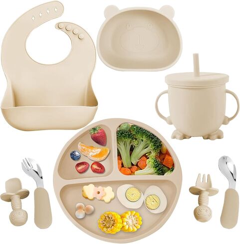 Silicone Baby Feeding Set, Baby Led Weaning Supplies 8 Pack with Suction Plate and Bowl, Self Feeding Spoons Forks Sippy Cup Adjustable Bib, Eating Utensils for 6+ Months - Beige in Saudi Arabia