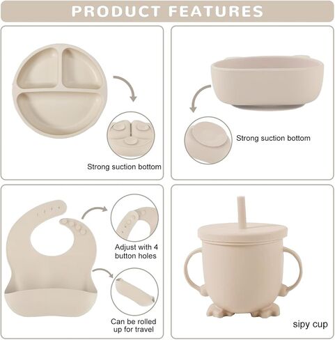 Silicone Baby Feeding Set, Baby Led Weaning Supplies 8 Pack with Suction Plate and Bowl, Self Feeding Spoons Forks Sippy Cup Adjustable Bib, Eating Utensils for 6+ Months - Beige in Saudi Arabia