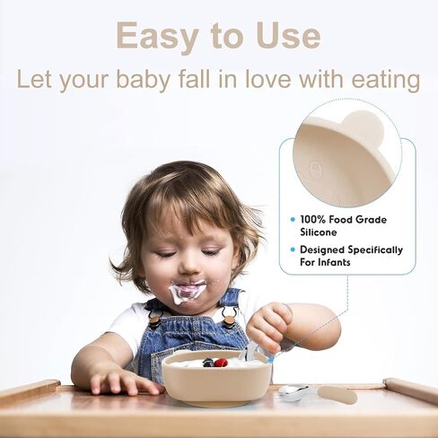 Silicone Baby Feeding Set, Baby Led Weaning Supplies 8 Pack with Suction Plate and Bowl, Self Feeding Spoons Forks Sippy Cup Adjustable Bib, Eating Utensils for 6+ Months - Beige in Saudi Arabia