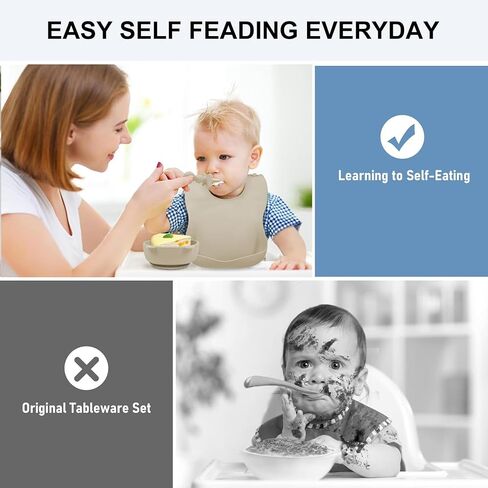 Silicone Baby Feeding Set, Baby Led Weaning Supplies 8 Pack with Suction Plate and Bowl, Self Feeding Spoons Forks Sippy Cup Adjustable Bib, Eating Utensils for 6+ Months - Beige in Saudi Arabia