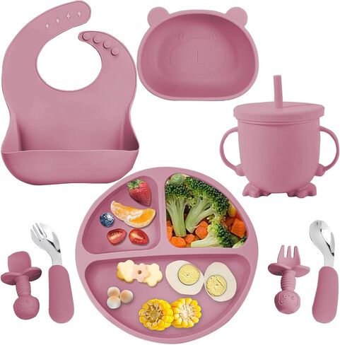 Silicone Baby Feeding Set, Baby Led Weaning Supplies 8 Pack with Suction Plate and Bowl, Self Feeding Spoons Forks Sippy Cup Adjustable Bib, Eating Utensils for 6+ Months - Beige in Saudi Arabia