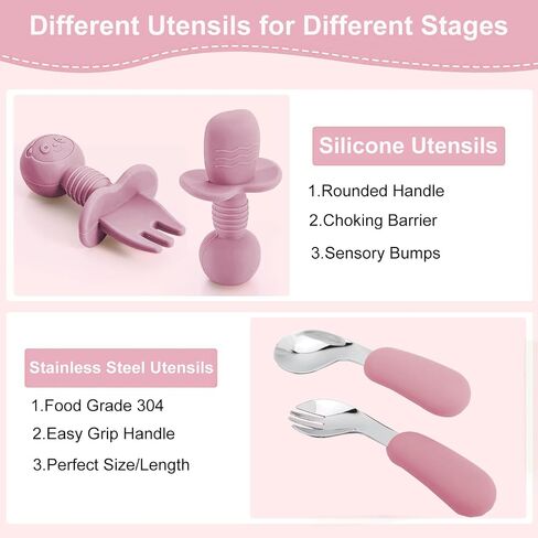 Silicone Baby Feeding Set, Baby Led Weaning Supplies 8 Pack with Suction Plate and Bowl, Self Feeding Spoons Forks Sippy Cup Adjustable Bib, Eating Utensils for 6+ Months - Beige in Saudi Arabia
