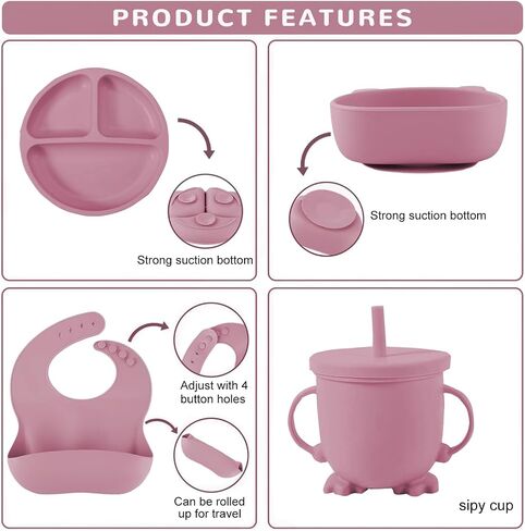 Silicone Baby Feeding Set, Baby Led Weaning Supplies 8 Pack with Suction Plate and Bowl, Self Feeding Spoons Forks Sippy Cup Adjustable Bib, Eating Utensils for 6+ Months - Beige in Saudi Arabia