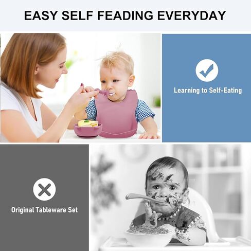Silicone Baby Feeding Set, Baby Led Weaning Supplies 8 Pack with Suction Plate and Bowl, Self Feeding Spoons Forks Sippy Cup Adjustable Bib, Eating Utensils for 6+ Months - Beige in Saudi Arabia