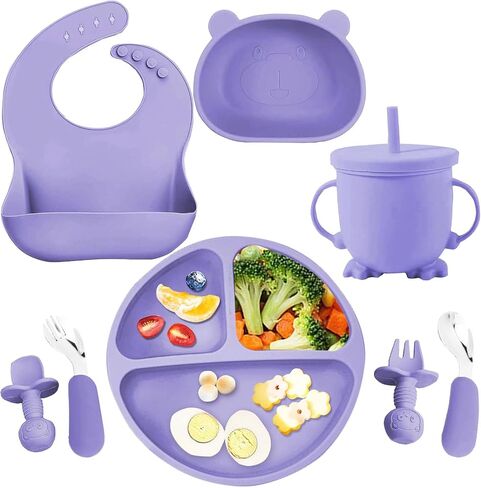 Silicone Baby Feeding Set, Baby Led Weaning Supplies 8 Pack with Suction Plate and Bowl, Self Feeding Spoons Forks Sippy Cup Adjustable Bib, Eating Utensils for 6+ Months - Beige in Saudi Arabia