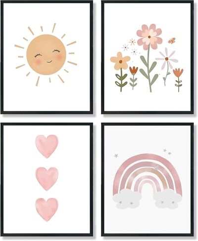 ULEGIE Toddler Affirmations Decor, Yellow Pink Purple Girls Affirmation Wall Art Decor Set of 4 Posters & Prints, Pastel Boho Rainbow Floral Girls Room Nursery Wall Decoration, 8x10 Inch Unframed in Kuwait