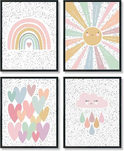 ULEGIE Toddler Affirmations Decor, Yellow Pink Purple Girls Affirmation Wall Art Decor Set of 4 Posters & Prints, Pastel Boho Rainbow Floral Girls Room Nursery Wall Decoration, 8x10 Inch Unframed in Kuwait