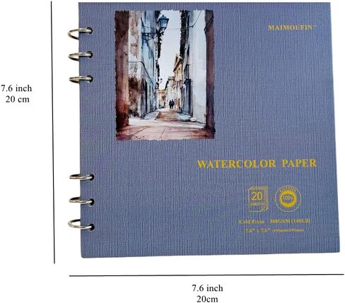 MAIMOUFIN Watercolor Paper,100% Cotton, 7.6" x 7.6", 20 Sheets（140LB/300GSM）Hot Press, Hardcover Loose Leaf Rings Square Watercolor Journal,Watercolor Sketchbook for Artists, Art Lovers (hot Press) in Saudi Arabia