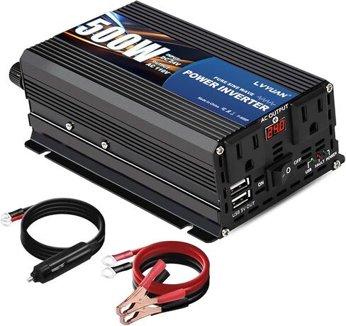 LVYUAN 500 Watt Pure Sine Wave Power Inverter 12V to 110V/120V DC to AC Converter with Dual Sockets, Dual USB Ports, LED Display for Home Outdoor RV Car Power Inverter Power Adapter in Kuwait