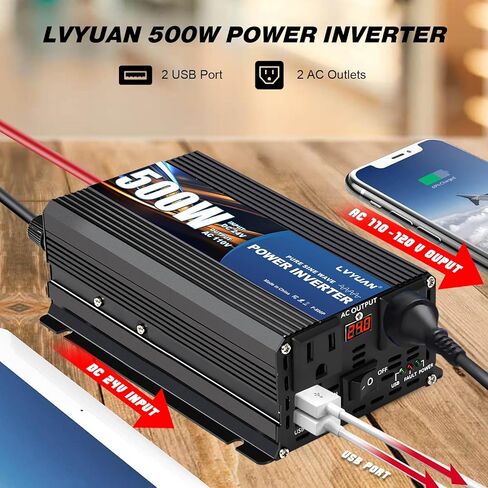 LVYUAN 500 Watt Pure Sine Wave Power Inverter 12V to 110V/120V DC to AC Converter with Dual Sockets, Dual USB Ports, LED Display for Home Outdoor RV Car Power Inverter Power Adapter in Kuwait