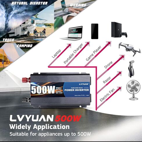LVYUAN 500 Watt Pure Sine Wave Power Inverter 12V to 110V/120V DC to AC Converter with Dual Sockets, Dual USB Ports, LED Display for Home Outdoor RV Car Power Inverter Power Adapter in Kuwait