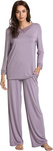 GYS Bamboo Pajamas for Women Soft Long Sleeve Sleepwear V Neck Pjs Set Sleep Lounge Set with Lace S-4XL in Kuwait