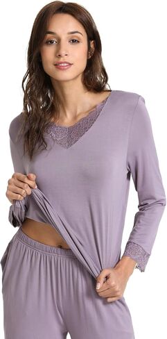 GYS Bamboo Pajamas for Women Soft Long Sleeve Sleepwear V Neck Pjs Set Sleep Lounge Set with Lace S-4XL in Kuwait