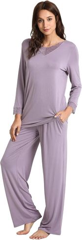 GYS Bamboo Pajamas for Women Soft Long Sleeve Sleepwear V Neck Pjs Set Sleep Lounge Set with Lace S-4XL in Kuwait