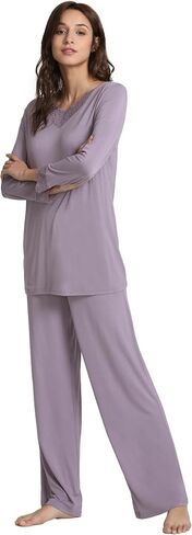 GYS Bamboo Pajamas for Women Soft Long Sleeve Sleepwear V Neck Pjs Set Sleep Lounge Set with Lace S-4XL in Kuwait
