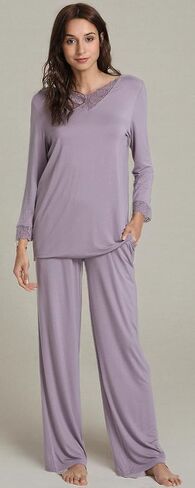 GYS Bamboo Pajamas for Women Soft Long Sleeve Sleepwear V Neck Pjs Set Sleep Lounge Set with Lace S-4XL in Kuwait