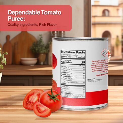 Dependable Foods Tomato Puree – 6.62 Lbs., 106 oz.- Specific Gravity 1.06 - Authentic California Vine to Bottle Blend - Kosher in Saudi Arabia