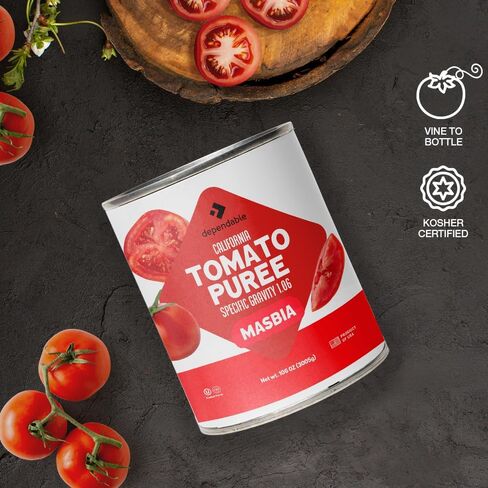 Dependable Foods Tomato Puree – 6.62 Lbs., 106 oz.- Specific Gravity 1.06 - Authentic California Vine to Bottle Blend - Kosher in Saudi Arabia