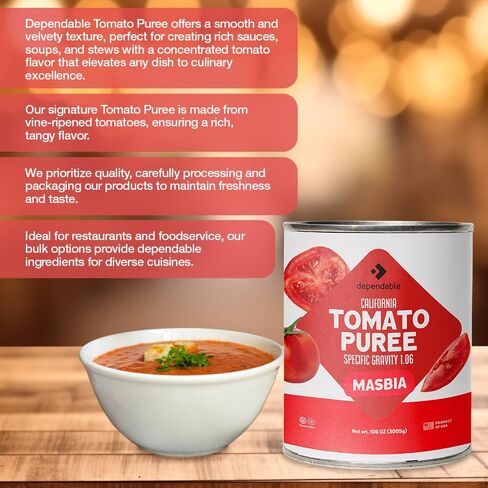 Dependable Foods Tomato Puree – 6.62 Lbs., 106 oz.- Specific Gravity 1.06 - Authentic California Vine to Bottle Blend - Kosher in Saudi Arabia
