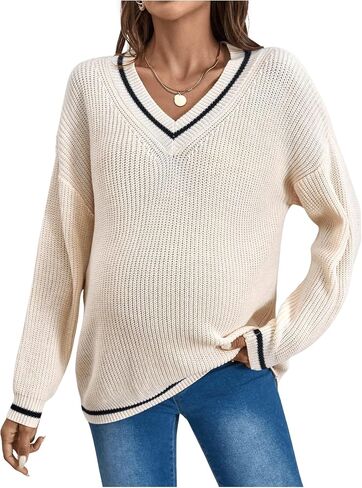 Floerns Women's Maternity Contrast Striped V Neck Sweater Long Sleeve Knitted Pullover Tops in Saudi Arabia