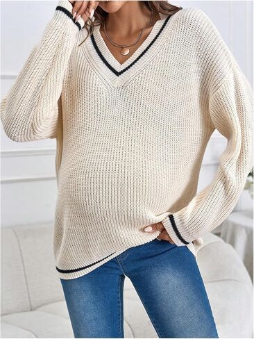 Floerns Women's Maternity Contrast Striped V Neck Sweater Long Sleeve Knitted Pullover Tops in Saudi Arabia