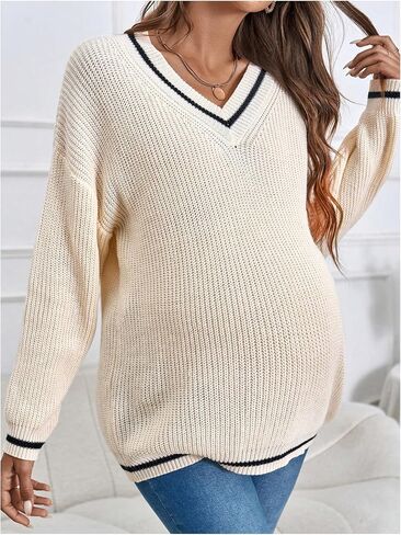 Floerns Women's Maternity Contrast Striped V Neck Sweater Long Sleeve Knitted Pullover Tops in Saudi Arabia