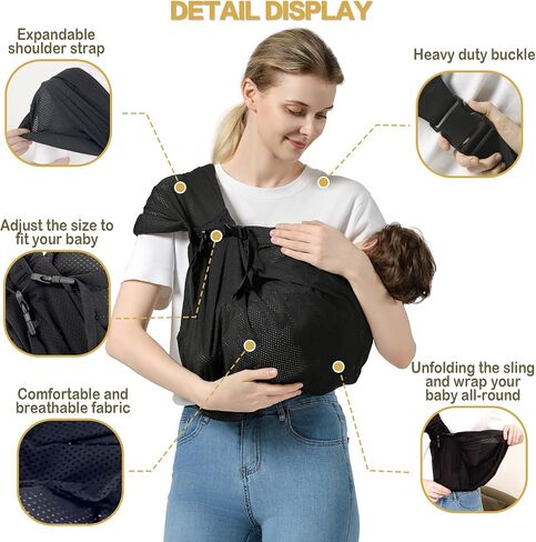 Baby Sling Carrier Newborn to Toddler Sling with Wide Shoulder Strap, Lightweight Baby Holder Carrier，Infant Half Wrapped Sling Carrier Perfect for Mom and Dad, Black in Saudi Arabia