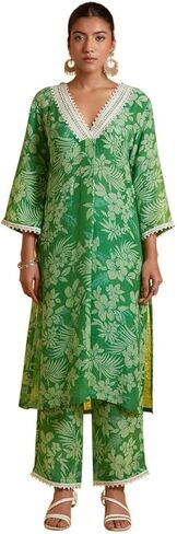 مجموعة كورتا ذا لوم مع بنطال للنساء/البنات 3/4 أكمام جرس ورقبة على شكل حرف V مطبوعة سترة عرقية هندية علوية كورتي مسحوق وردي وأحمر in Kuwait